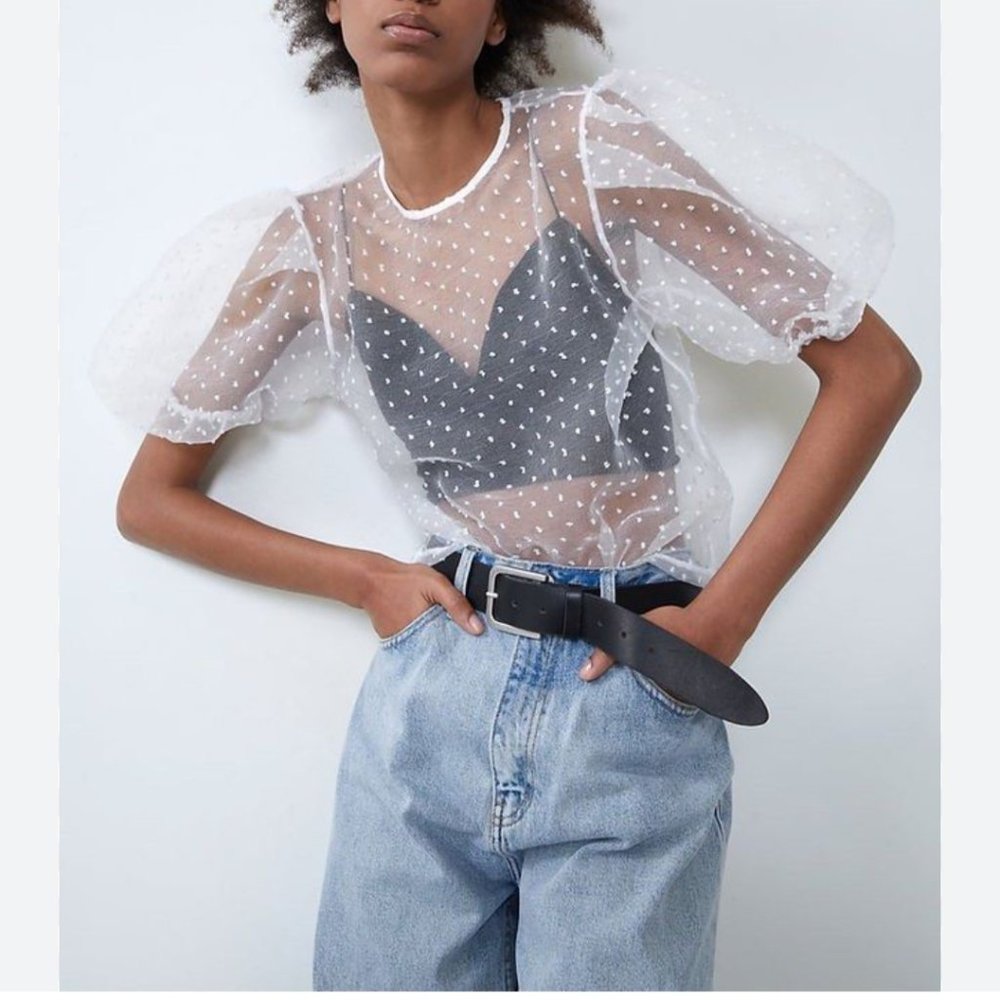 Zara Organza Top Swiss Dot Mesh Top with Puff Sleeves White S